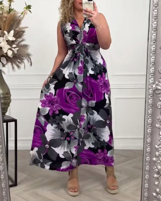 🔥Neue Sonderangebote - 49% RABATT😍Elegantes, ärmelloses Plisseekleid mit Blumendruck