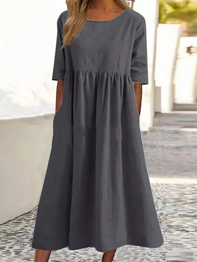 🌸🌸Frauen gelegentlich grundlegender Outdoor -Crew -Nahrung Taschenpocket Smocked Baumwollkleid