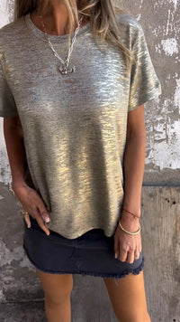 🔥50% Rabatt🛍️ Hot Stamping Rundhals-Kurzarm-T-Shirt mit V-Ausschnitt