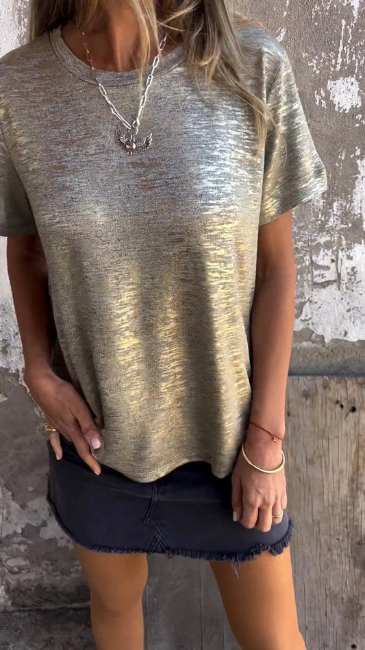 🔥50% Rabatt🛍️ Hot Stamping Rundhals-Kurzarm-T-Shirt mit V-Ausschnitt