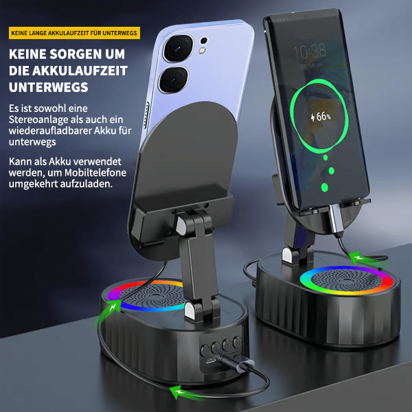 ✨📱5-in-1 Handyhalterung mit kabellosem induktivem Audio-Bluetooth-Lautsprecher, 360° drehbarer LED-Halterung und universeller Lautsprecherhalterung🔈