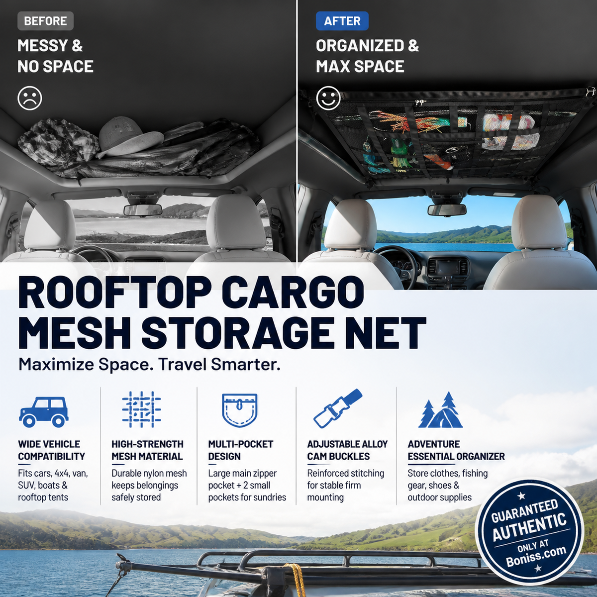🚤 50% sparen! 🎣 Overhead Mesh Aufbewahrungsnetz – Mehrere Taschen & verstellbar für SUV/Van ✨