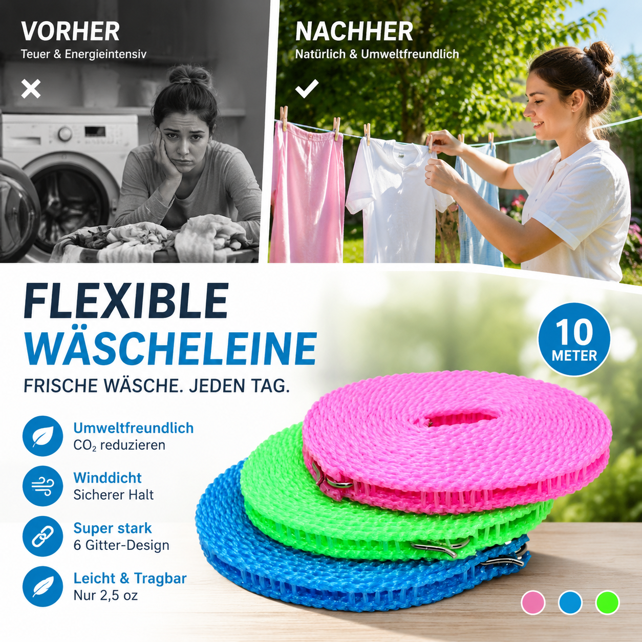 🧺 Je mehr Sie kaufen, desto mehr erhalten Sie gratis! 🔥 Rutschfeste Wäscheleine – Langlebig & UV-beständig – Perfekt für Balkon, Garten oder Waschküche – hält Kleidung sicher an Ort und Stelle ☀️