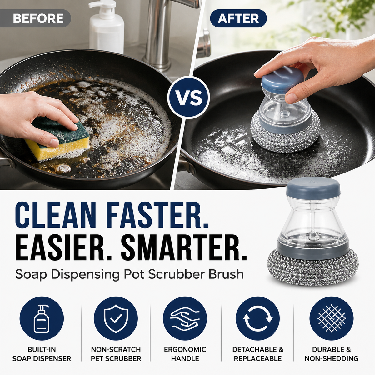 🔥50 % Rabatt🔥Soap-Dispensing Scrubber Brush – Press Dispense, Detachable, Durable ✨