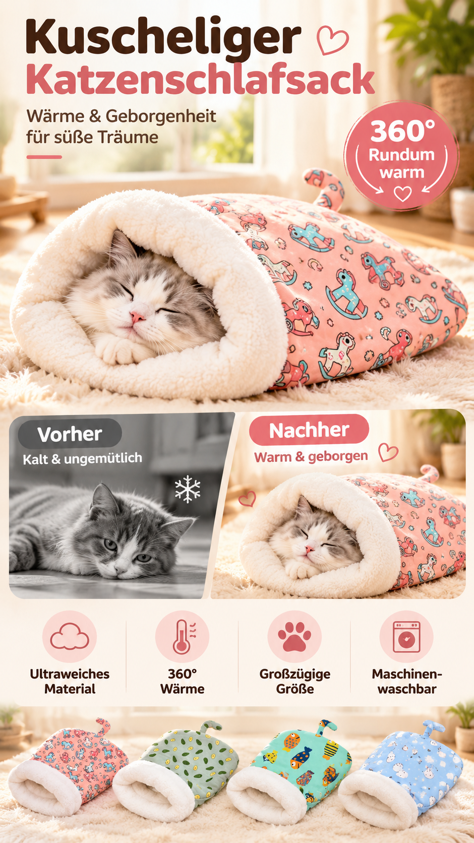 ⏳Zeitlich begrenztes Angebot⏳ Flauschiger Katzen-Winterschlafsack – halb geschlossene Kuschelhöhle mit Cartoon-Muster, Rosa oder Blau