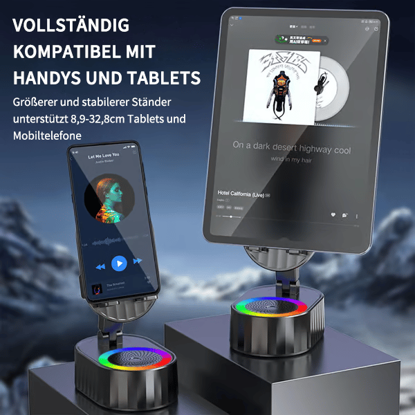 ✨📱5-in-1 Handyhalterung mit kabellosem induktivem Audio-Bluetooth-Lautsprecher, 360° drehbarer LED-Halterung und universeller Lautsprecherhalterung🔈