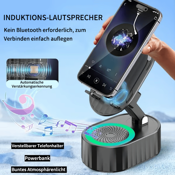 ✨📱5-in-1 Handyhalterung mit kabellosem induktivem Audio-Bluetooth-Lautsprecher, 360° drehbarer LED-Halterung und universeller Lautsprecherhalterung🔈