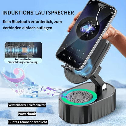 ✨📱5-in-1 Handyhalterung mit kabellosem induktivem Audio-Bluetooth-Lautsprecher, 360° drehbarer LED-Halterung und universeller Lautsprecherhalterung🔈