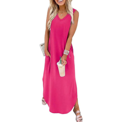 💥Halbpreis-Ausverkauf🔥👗🌊 Damen Sommerkleid – Locker, Ärmellos, V-Ausschnitt mit Taschen, Ideal für Strand & Freizeit
