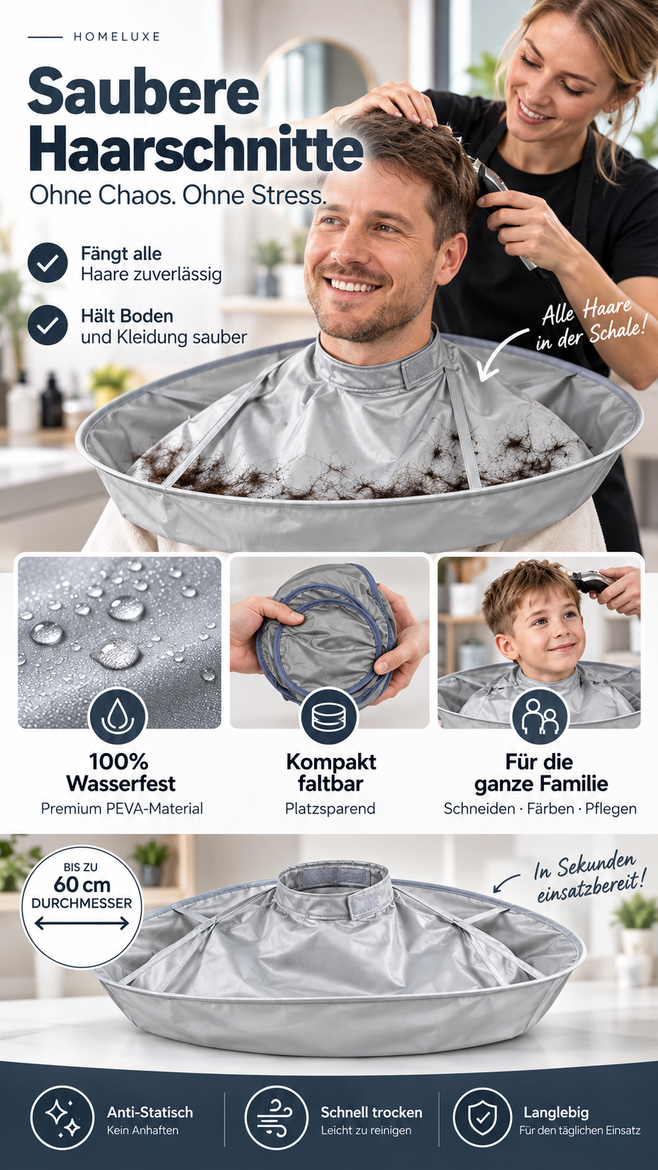 ✂️ 50% RABATT! 💇 Grauer Friseurumhang für Erwachsene – atmungsaktiv & geruchsneutral, für Schneiden & Färben