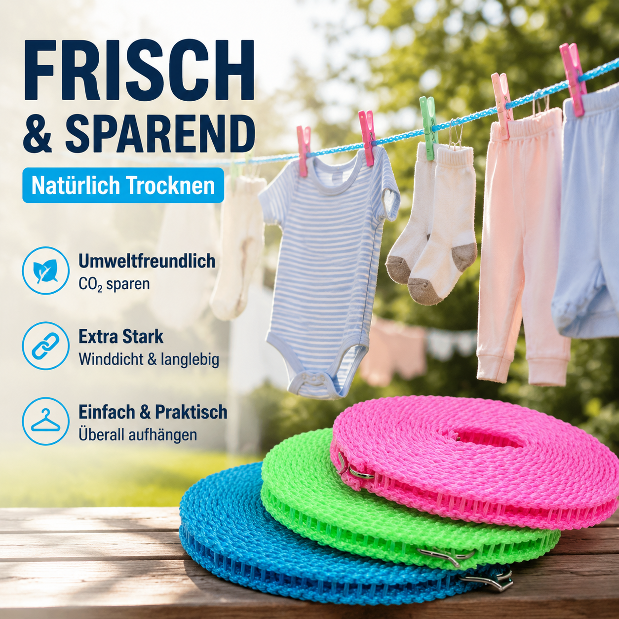 🧺 Je mehr Sie kaufen, desto mehr erhalten Sie gratis! 🔥 Rutschfeste Wäscheleine – Langlebig & UV-beständig – Perfekt für Balkon, Garten oder Waschküche – hält Kleidung sicher an Ort und Stelle ☀️