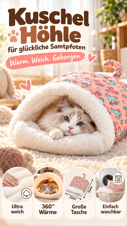 ⏳Zeitlich begrenztes Angebot⏳ Flauschiger Katzen-Winterschlafsack – halb geschlossene Kuschelhöhle mit Cartoon-Muster, Rosa oder Blau