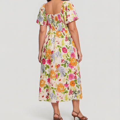 🔥Letzter Tag: 50% Rabatt!⏰🌸👗 Blumenkleid mit Raffungen, quadratischem Ausschnitt & Taschen🏖️