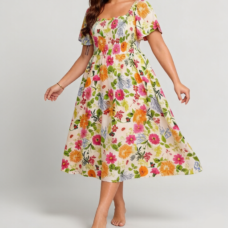 🔥Letzter Tag: 50% Rabatt!⏰🌸👗 Blumenkleid mit Raffungen, quadratischem Ausschnitt & Taschen🏖️
