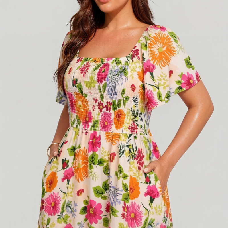 🔥Letzter Tag: 50% Rabatt!⏰🌸👗 Blumenkleid mit Raffungen, quadratischem Ausschnitt & Taschen🏖️