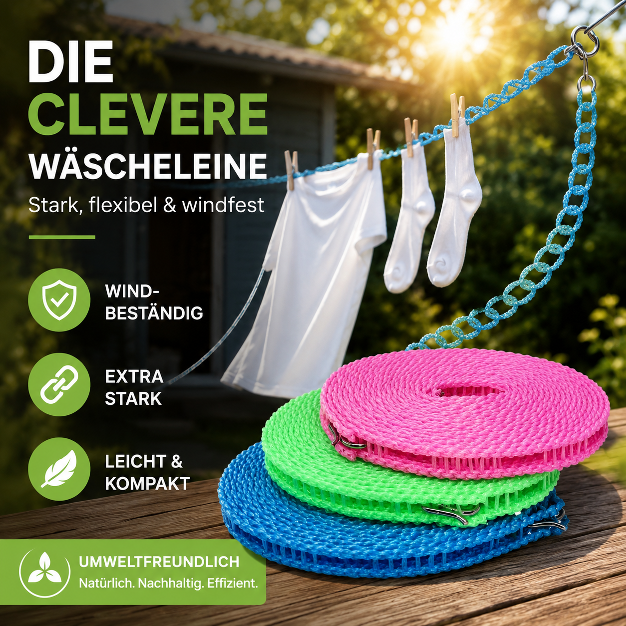 🧺 Je mehr Sie kaufen, desto mehr erhalten Sie gratis! 🔥 Rutschfeste Wäscheleine – Langlebig & UV-beständig – Perfekt für Balkon, Garten oder Waschküche – hält Kleidung sicher an Ort und Stelle ☀️