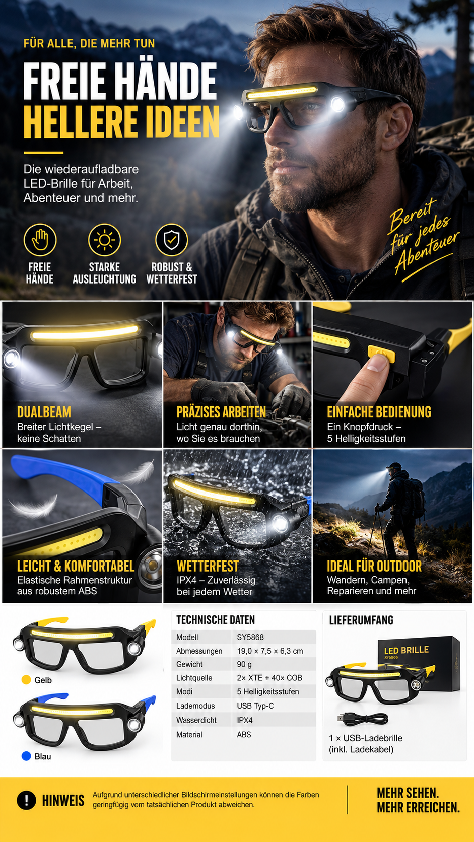 ✨🔦 Wiederaufladbare LED-Stirnlampe im Brillen-Design – freihändige Beleuchtung für Arbeit, Outdoor & Alltag 💡-Gcom