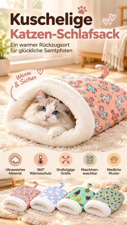 ⏳Zeitlich begrenztes Angebot⏳ Flauschiger Katzen-Winterschlafsack – halb geschlossene Kuschelhöhle mit Cartoon-Muster, Rosa oder Blau