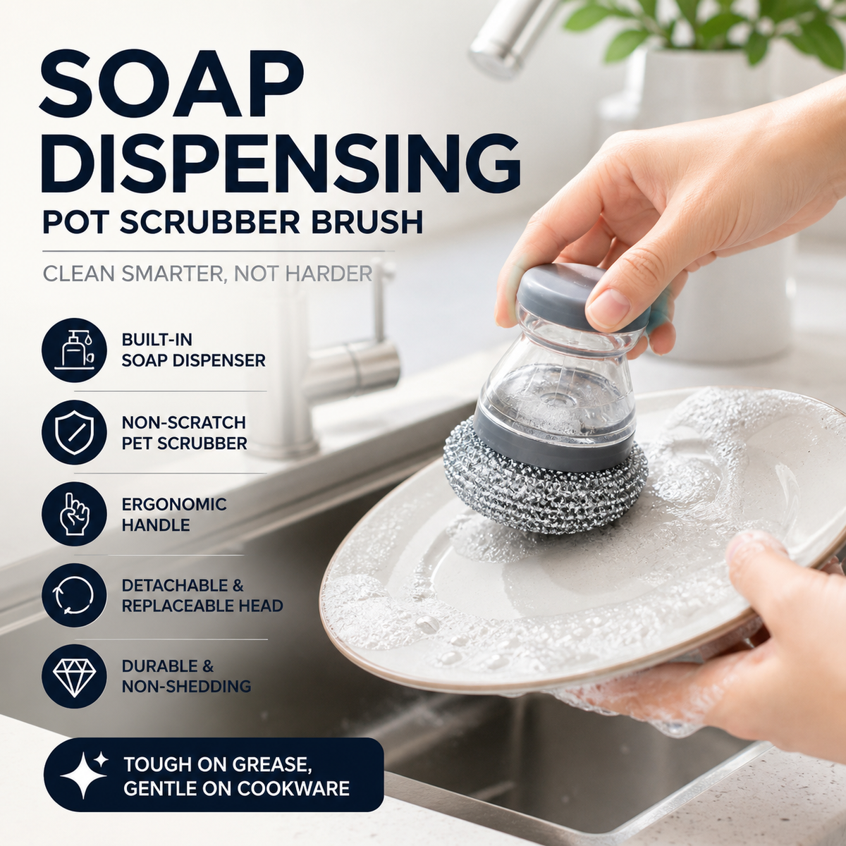 🔥50 % Rabatt🔥Soap-Dispensing Scrubber Brush – Press Dispense, Detachable, Durable ✨
