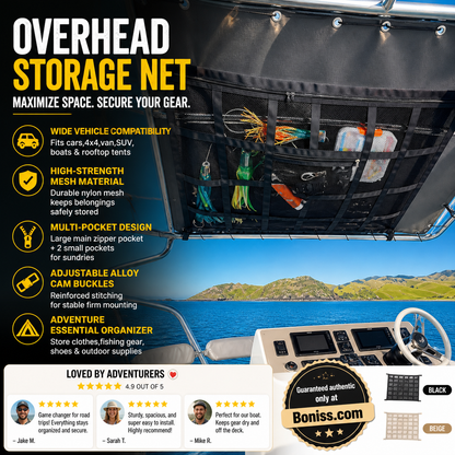 🚤 50% sparen! 🎣 Overhead Mesh Aufbewahrungsnetz – Mehrere Taschen & verstellbar für SUV/Van ✨