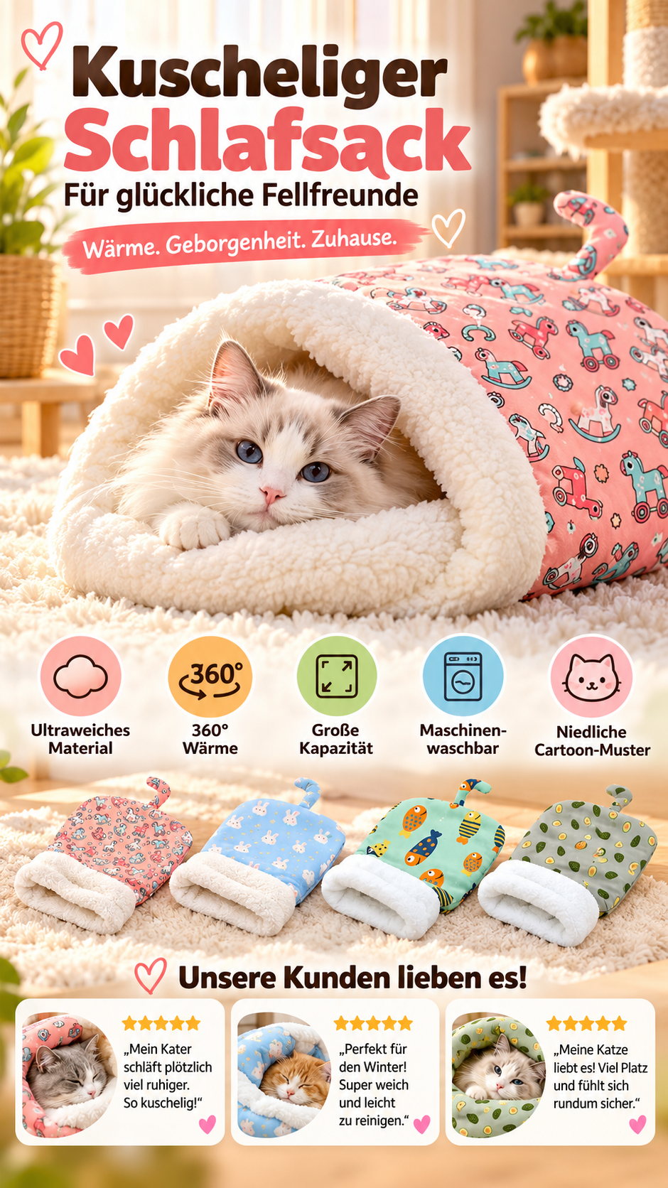 ⏳Zeitlich begrenztes Angebot⏳ Flauschiger Katzen-Winterschlafsack – halb geschlossene Kuschelhöhle mit Cartoon-Muster, Rosa oder Blau