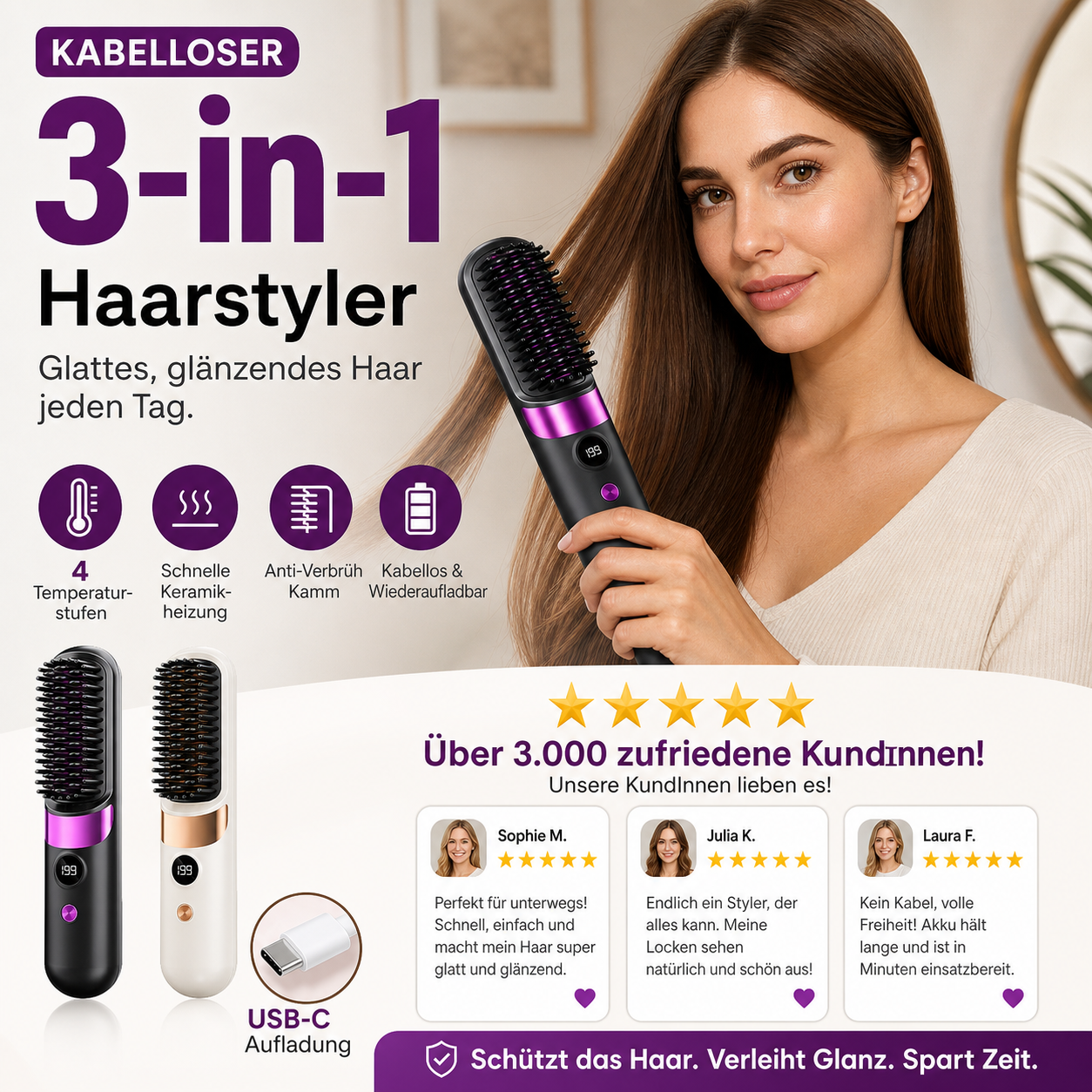 💇‍♀️🔥 3-in-1 Kabellose Glättungsbürste – glätten, locken, entwirren – USB-C, 4 Stufen – perfektes Haar überall! ✨