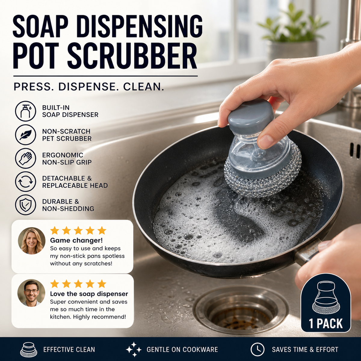 🔥50 % Rabatt🔥Soap-Dispensing Scrubber Brush – Press Dispense, Detachable, Durable ✨