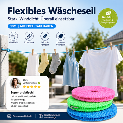 🧺 Je mehr Sie kaufen, desto mehr erhalten Sie gratis! 🔥 Rutschfeste Wäscheleine – Langlebig & UV-beständig – Perfekt für Balkon, Garten oder Waschküche – hält Kleidung sicher an Ort und Stelle ☀️