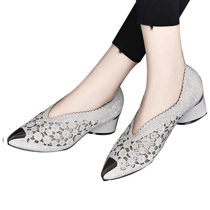 🔥Zeitlich begrenzter Rabatt👡Slipper aus Mesh mit Kristallen und dickem Absatz