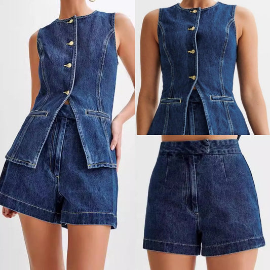 💕Sonderangebot – Auch einzeln erhältlich💕Lässiges Damen-Jeans-Set aus ärmellosem Oberteil und Shorts