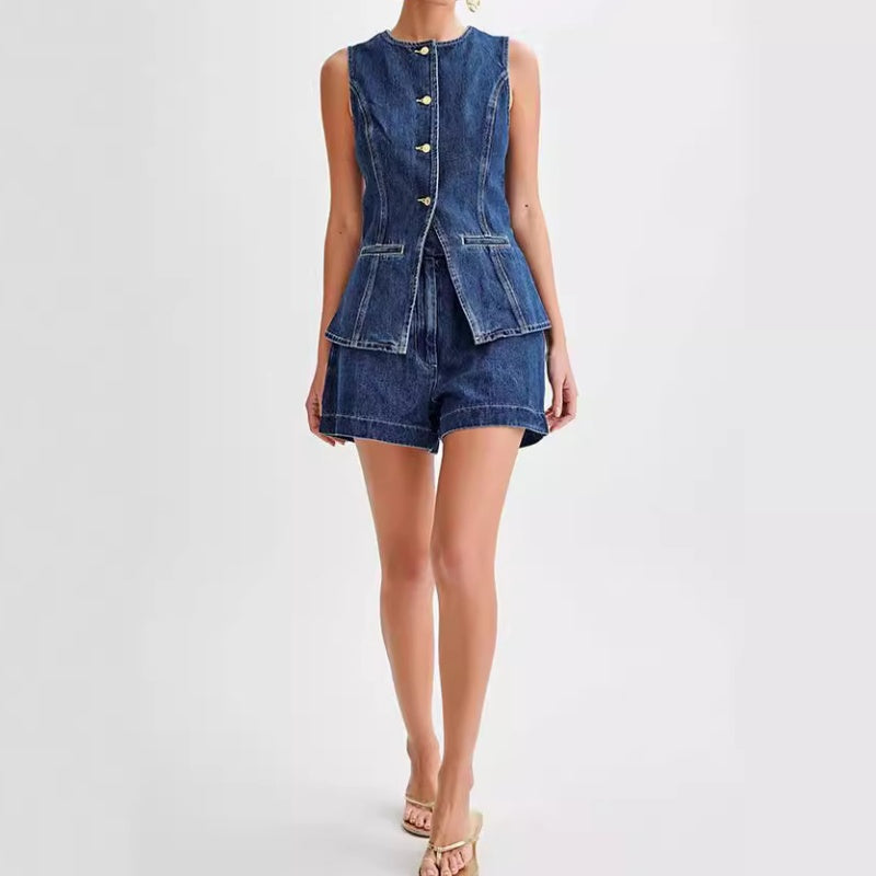 💕Sonderangebot – Auch einzeln erhältlich💕Lässiges Damen-Jeans-Set aus ärmellosem Oberteil und Shorts