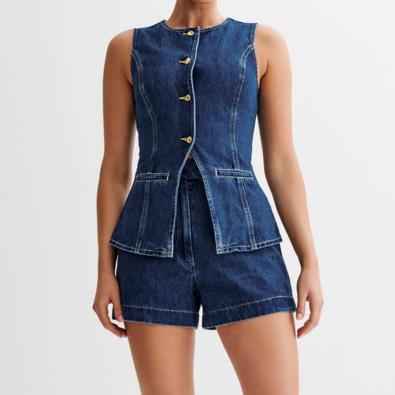 💕Sonderangebot – Auch einzeln erhältlich💕Lässiges Damen-Jeans-Set aus ärmellosem Oberteil und Shorts