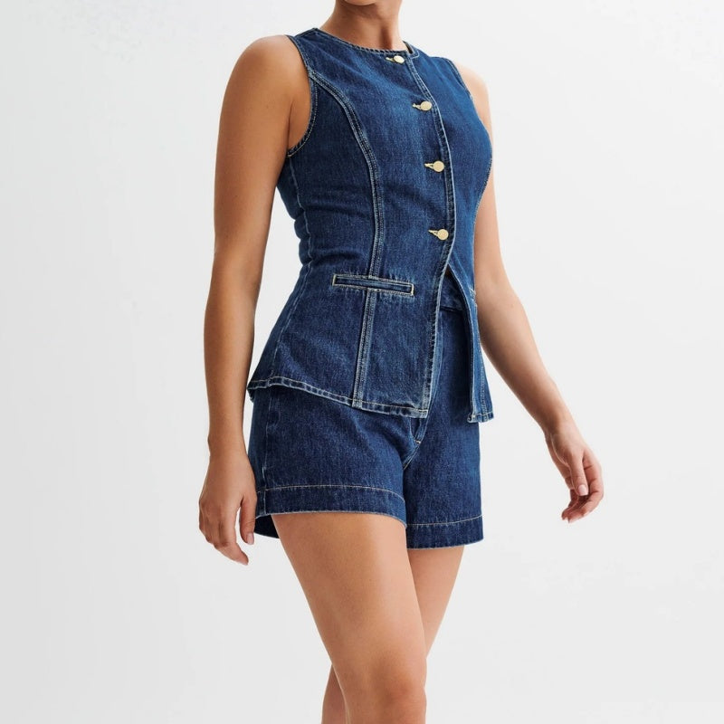 💕Sonderangebot – Auch einzeln erhältlich💕Lässiges Damen-Jeans-Set aus ärmellosem Oberteil und Shorts