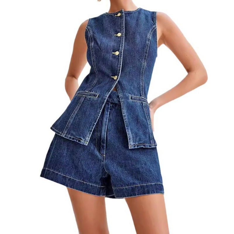 💕Sonderangebot – Auch einzeln erhältlich💕Lässiges Damen-Jeans-Set aus ärmellosem Oberteil und Shorts
