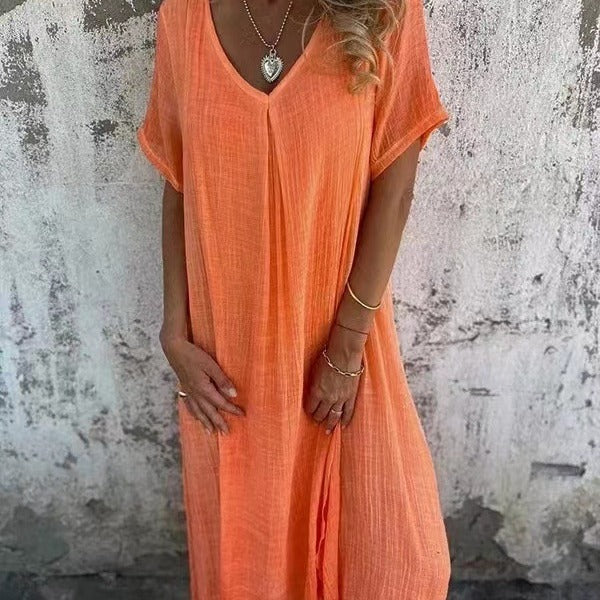 ⏳Begrenzte Zeit 50% Rabatt💥Lässiges Baumwoll-Leinen-Kleid mit V-Ausschnitt für Frauen