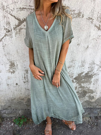 ⏳Begrenzte Zeit 50% Rabatt💥Lässiges Baumwoll-Leinen-Kleid mit V-Ausschnitt für Frauen
