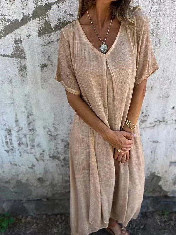 ⏳Begrenzte Zeit 50% Rabatt💥Lässiges Baumwoll-Leinen-Kleid mit V-Ausschnitt für Frauen
