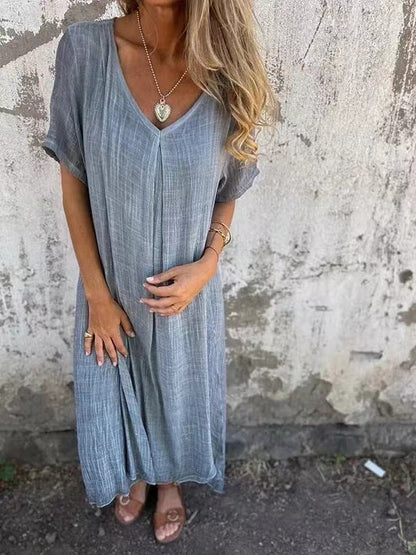 ⏳Begrenzte Zeit 50% Rabatt💥Lässiges Baumwoll-Leinen-Kleid mit V-Ausschnitt für Frauen
