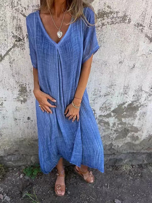 ⏳Begrenzte Zeit 50% Rabatt💥Lässiges Baumwoll-Leinen-Kleid mit V-Ausschnitt für Frauen