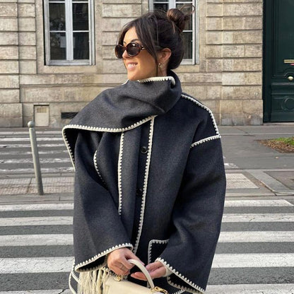 🧣Ladies' tweed coat with tassel scarf