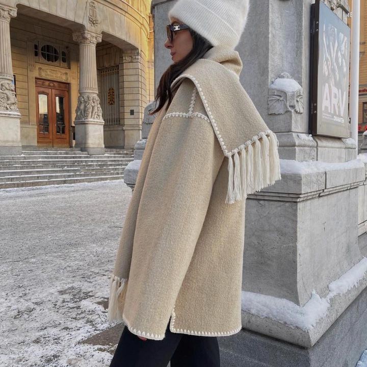 🧣Ladies' tweed coat with tassel scarf