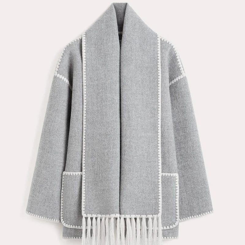 🧣Ladies' tweed coat with tassel scarf