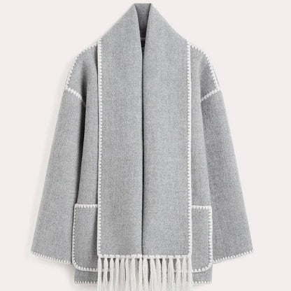 🧣Ladies' tweed coat with tassel scarf