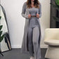 Gestricktes Stretch-Tanktop, Leggings mit hoher Taille und lange Strickjacke für Frauen, 3-teiliges Set