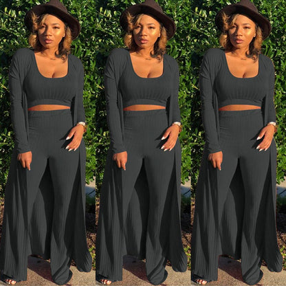 Gestricktes Stretch-Tanktop, Leggings mit hoher Taille und lange Strickjacke für Frauen, 3-teiliges Set