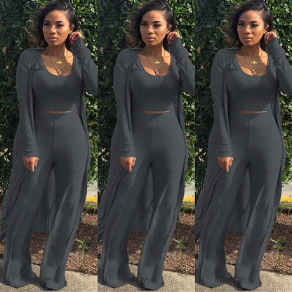 Gestricktes Stretch-Tanktop, Leggings mit hoher Taille und lange Strickjacke für Frauen, 3-teiliges Set