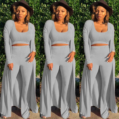 Gestricktes Stretch-Tanktop, Leggings mit hoher Taille und lange Strickjacke für Frauen, 3-teiliges Set
