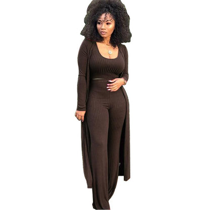 Gestricktes Stretch-Tanktop, Leggings mit hoher Taille und lange Strickjacke für Frauen, 3-teiliges Set