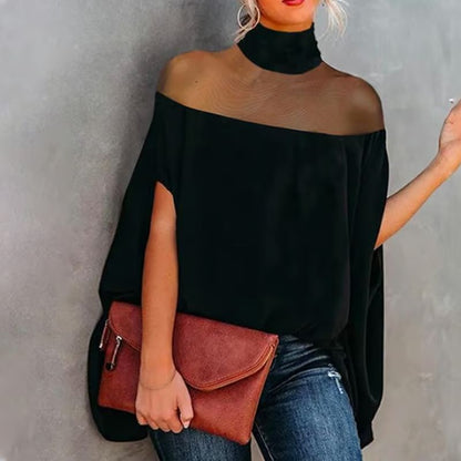 👗 🦇 Lässige Bluse mit Fledermausärmeln – Hochgeschlossen, Transparentes Design, Schwarz 🍂