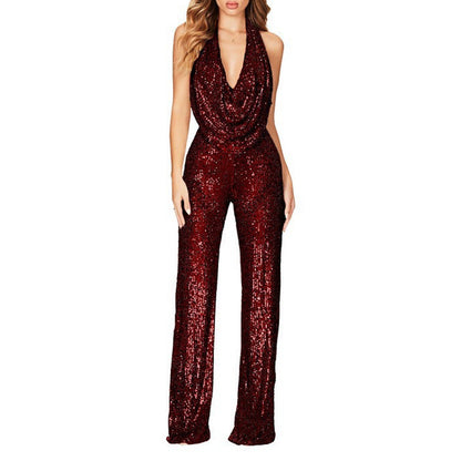 Sexy, glitzernder Neckholder-Jumpsuit für Damen mit schmalem Schnitt